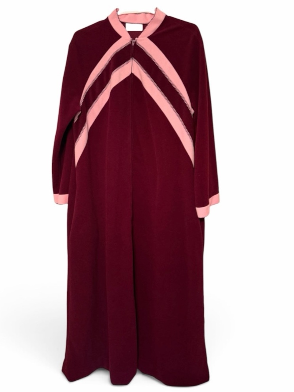 Vintage Vassarette Women's Maroon and Pink Velour Robe with Chevron Accents XL